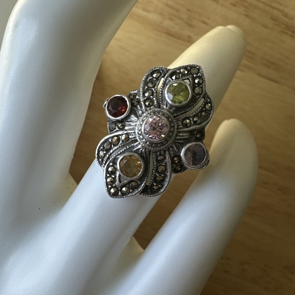Vintage Cocktail Ring Size 5.25 Gemstones Marcasite‎ 925 Sterling Silver 6.1g - Picture 1 of 7